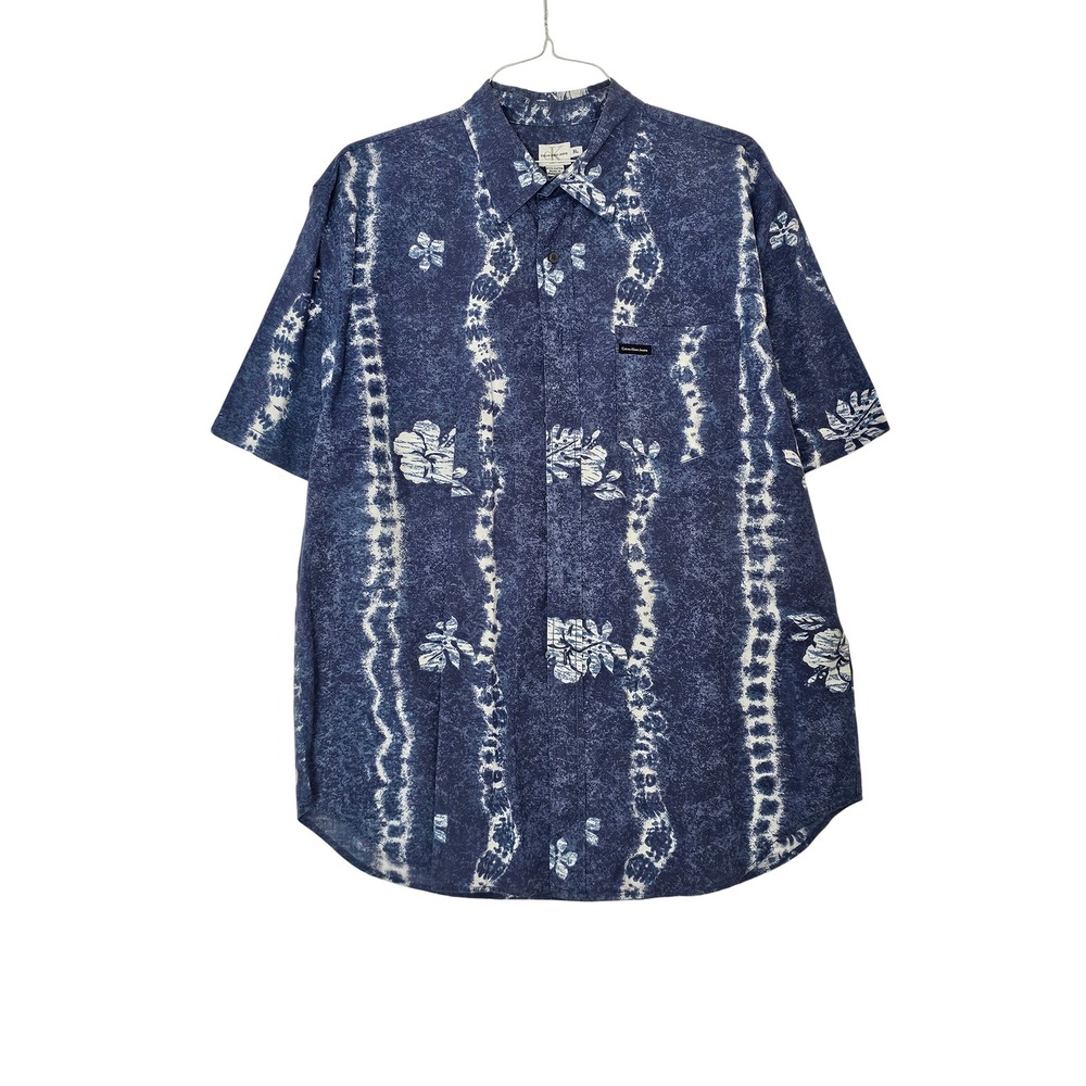 Calvin Klein Jeans Mens XL Blue Floral Tie Dye Short Sleeve Button Down‎ Shirt